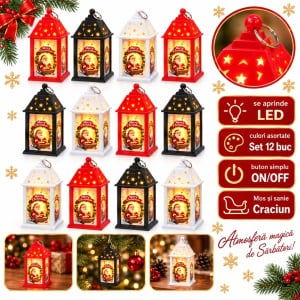 Set de 12 Felinare decorative de Crăciun cu LED, buton ON/OFF, plastic, 15x6.5 cm