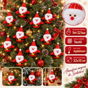 Set de 12 Ornamente de brad cu Moș Crăciun, din material textil, plastic și PVC , 22 × 15 cm