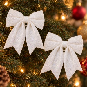 Set de 2 buc Cu Fundițe decorative de Crăciun albe cu sclipici, prindere plastic, 30x20 cm - Img 3