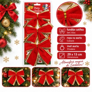 Set de 3 bucăți Fundițe decorative de Crăciun din catifea, roșu cu auriu, 38 x 15 cm