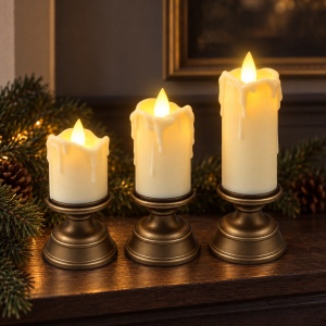 Set de 3 lumânări decorative LED cu efect de flacără realist, din plastic, dimensiuni diferite - Img 3