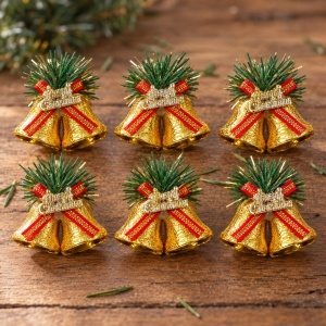Set de 6 bucăți clopoței dubli de Crăciun aurii, fundiță roșie, ambalaj 20x15 cm - Img 4