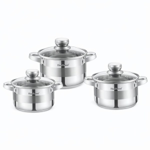 Set oale HausRoland din oțel inoxidabil cu capace din sticlă, 3 piese, compatibil inducție