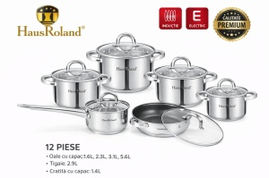 Set oale inox HausRoland 12 piese cu capace din sticlă, tigaie și cratiță, compatibil inducție - Img 2