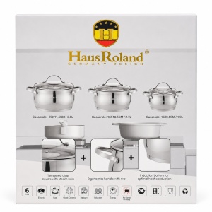 Set oale inox HausRoland 6 piese cu capace sticla, inductie, 1.9L–3.6L - Img 2