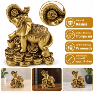 Statuetă elefant feng shui din rășină, auriu, cu trompa ridicată, pe monede, aprox. 10 × 8 cm