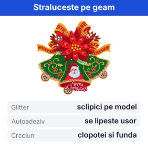 Sticker decorativ de Craciun cu clopotei, glitter, pentru geam si vitrina, 27x25cm - Img 2