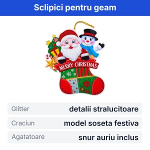 Sticker decorativ de Craciun, model soseta cu Mos Craciun si om de zapada, pentru geam, 30x22cm - Img 2