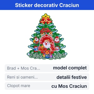 Sticker decorativ de Craciun pentru geam, model brad cu Mos Craciun si reni, 45x35cm - Img 2