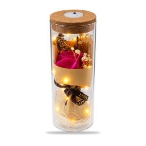 Trandafir roz inchis de săpun în cupolă de sticlă cu lumini LED, buton ON/OFF, 25 cm - Img 3
