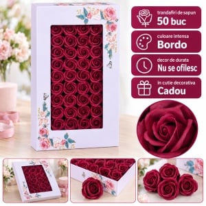 Trandafiri de săpun decorativi, set 50 de bucăți, bordo, 5 cm