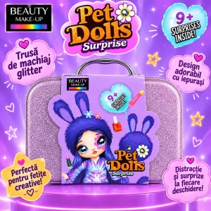 Trusă de Machiaj pentru Copii cu 9+ Surprize, Beauty Make-Up Pet Dolls, Valiză Glitter, Culoare Aleatorie