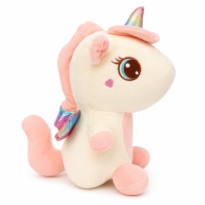 Unicorn de plus 30cm alb cu detalii roz si aripi colorate, jucarie moale copii