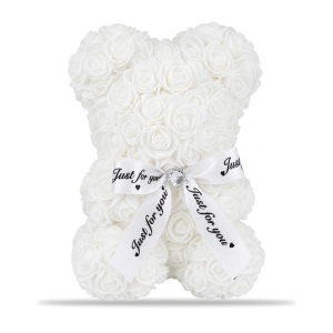 Ursuleț din trandafiri de spumă, alb, cu fundiță „Just for you” - Img 2
