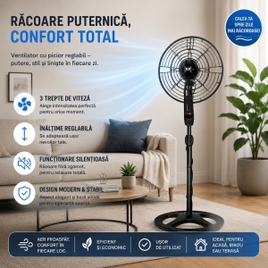 Ventilator cu picior reglabil 61x17x50 cm, 220V, 50Hz, 3 viteze, funcționare silențioasă - Img 2
