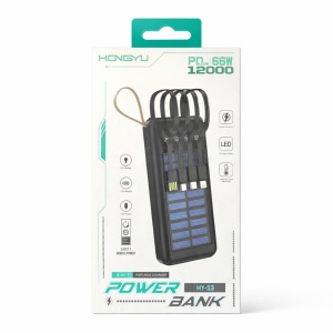 Baterie externa Hongyu HY-53 12000 mAh cu panou solar, cabluri integrate 4-în-1, încărcare rapidă 66W, display LED - Img 3