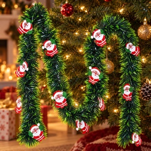 Beteală de Crăciun cu ornamente Moș Crăciun, verde cu vârfuri deschise, 200 × 9 cm, plastic - Img 3