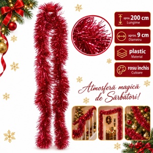 Beteală de Crăciun pentru brad, roșu închis, plastic, diametru 9 cm, lungime 2 m
