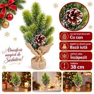 Brad decorativ artificial de Craciun cu con, bază din iută, 38 cm - Img 4
