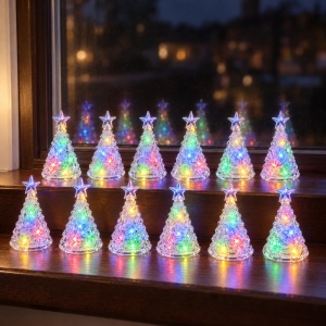 Brăduț decorativ de Crăciun cu LED multicolor, set 12 bucăți, baterii, 8,5x4,5 cm - Img 3