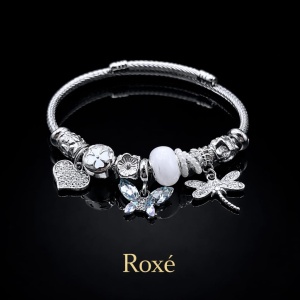 Bratara ROXE argintie cu fluture libelula si inimioara charmuri elegante - Img 5