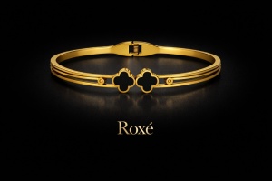 Bratara ROXE aurie cu model trifoi negru design elegant inchizatoare fixa