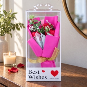 Buchet decorativ cu trandafiri roșii, buchet roz cu fundă aurie, în cutie cadou, 25cm - Img 3