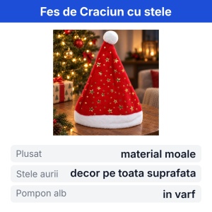 Căciulă Moș Crăciun plușată, roșu cu stele aurii, bordură și pompon alb, 43x30cm - Img 2