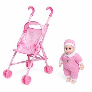 Cărucior de jucărie roz cu păpușă, plastic, 22x42x50 cm, pentru joc de rol