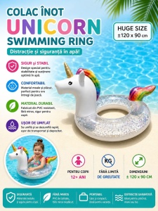 Colac Gonflabil Unicorn cu Sclipici – 120x90 cm, Model XL pentru Piscină și Mare - Img 2