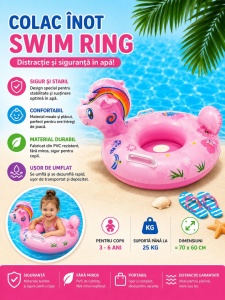 Colac Gonflabil Unicorn Roz pentru Copii – Swim Ring 70x60 cm cu Mânere și Design Adorabil - Img 2