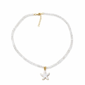 Colier Roxe de vara cu pietricele transparente si pandantiv stea de mare alba, reglabil 40 cm
