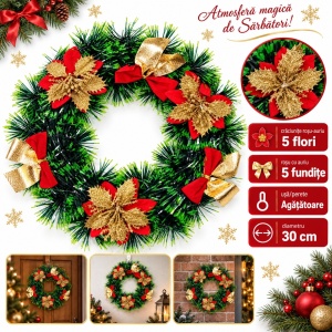 Coroniță de Crăciun cu crăciunițe și fundițe roșu-auriu, agățătoare, 30 cm - Img 5