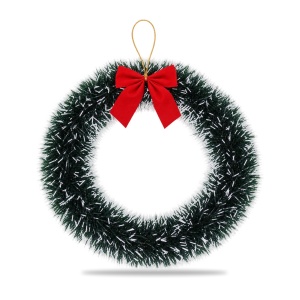 Coroniță de Crăciun din tinsel, verde cu vârfuri albe, fundiță roșie, 30 cm - Img 2
