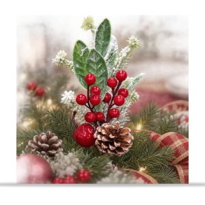 Crenguță decorativă cu con de pin, fructe roșii și efect de zăpadă, 30cm - Img 5
