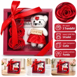 Decoratiune cadou cu 3 trandafiri din săpun și ursuleț I LOVE YOU, rosu, cu fundita