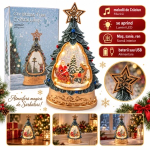 Decorațiune de Crăciun brăduț luminos și muzical, scenă cu Moș Crăciun și sanie, 24x10 cm