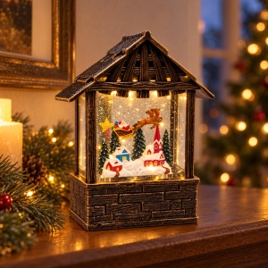 Decoratiune de Crăciun cu lumini și muzică, scenă de iarnă, 20x9,5 cm - Img 4