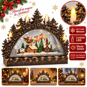 Decoratiune de Craciun luminoasa cu efect de ninsoare si sunete, model cu Mos Craciun, 40x28 cm