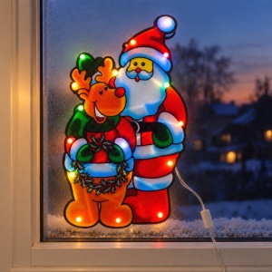 Decorațiune luminoasă de Crăciun cu Moș Crăciun și ren, 20 becuri multicolore, priză, 50×27 cm - Img 6