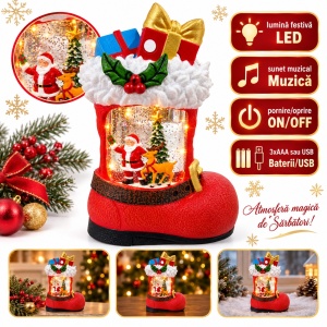 Decoratiune luminoasa de Crăciun, cu muzică, model Ghetuta cu cadouri, 20x9 cm