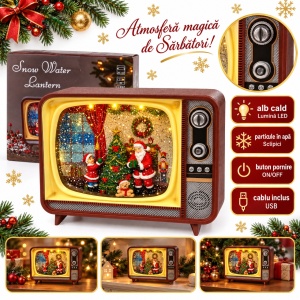 Decoratiune luminoasa de Craciun in forma de televizor retro, cu muzica, 20 x 16 cm