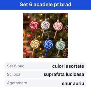 Decoratiuni brad acadea, set 6 globuri Craciun, culori asortate, cu sclipici, 18x12x2cm - Img 2