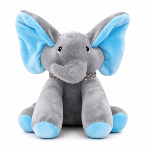 Elefant de plus interactiv cu urechi albastre, 30cm , repeta si imita sunete copii