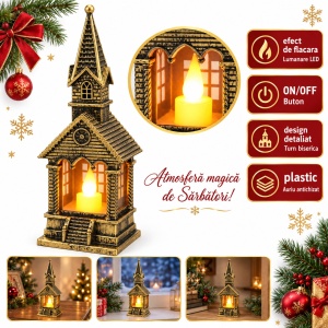 Felinar de Craciun cu Lumanare LED, Turn Biserica, Auriu Antichizat, 17,5 cm