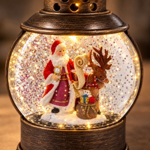 Felinar de Crăciun cu lumini LED si muzica, model Moș Crăciun și ren, 21x9 cm - Img 5