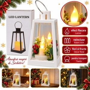 Felinar decorativ de Crăciun cu lumânări LED și decor floral, plastic alb, 24x9 cm