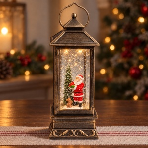 Felinar decorativ de Crăciun cu lumini LED și muzică, model cu Moș Crăciun, 28x10 cm - Img 6