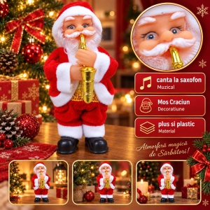 Figurină decorativă de Crăciun Moș Crăciun cu saxofon, pluș și plastic, 17 × 8 cm - Img 5