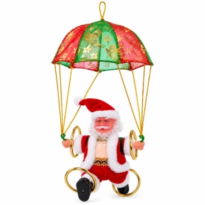 Figurină Moș Crăciun cu parașută, decor de Crăciun, muzică, lumini și dans, 45x22 cm